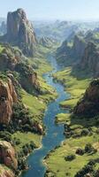 Scenic river winding through lush valleys and rugged mountains under clear sky at midday photo