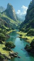 Majestic river flowing through lush valleys and towering mountains under a clear blue sky in a serene landscape photo