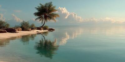Calm beach landscape with clear water and a single palm tree on a sunny day photo