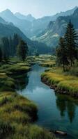Serene mountain landscape with a winding river surrounded by lush greenery and towering peaks in the early morning light photo