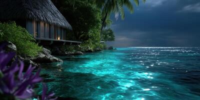 Serene night by the tropical shoreline with glowing waters and island cabins photo