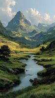 Stunning mountain landscape with a winding river in a serene valley during daytime photo