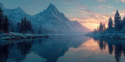 Majestic mountain landscape at twilight with serene river reflection photo