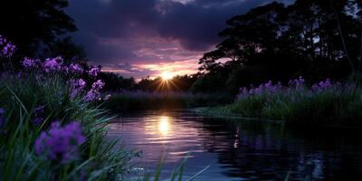 Sunset reflects on a calm river surrounded by vibrant purple flowers in a serene natural landscape photo