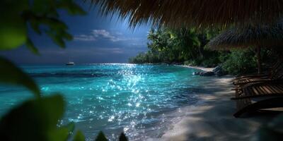 Sparkling ocean waves on a tranquil beach under a moonlit sky in a tropical paradise photo