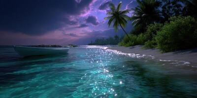 Nighttime beach scene with shimmering water and palm trees under a colorful sky photo