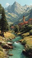 Majestic mountain landscape with serene river and historic village under clear skies in the afternoon photo