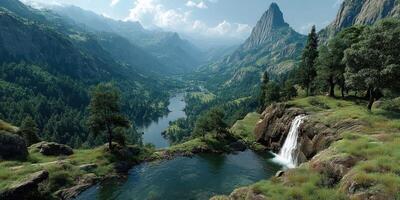 Majestic waterfall cascading into serene lake surrounded by mountains and lush greenery during a clear day photo