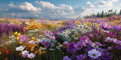 Vibrant wildflower field in the mountains during springtime under a clear sky filled with fluffy clouds photo
