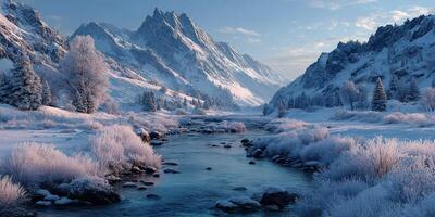 Winter landscape with snow-covered mountains and a serene river under a clear sky at dawn photo