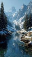 Snowy mountain landscape with a serene river reflecting the peaks during a clear winter day photo