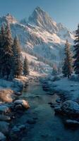 Snow-covered mountains and a serene river flowing through a winter landscape at dawn photo
