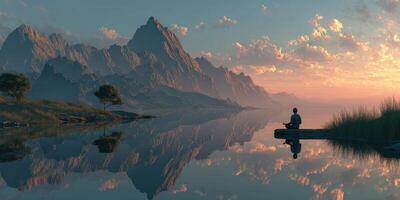 Peaceful sunset reflection over calm water with mountains in background and person meditating photo