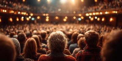 Crowd engaged in an evening performance in an ornate theater surrounded by warm lights and a vibrant atmosphere photo