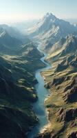 Breathtaking aerial view of a winding river through rugged mountains at sunrise photo