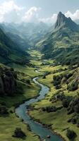 Majestic green valley with a winding river flowing through mountains under a bright sky during daylight photo