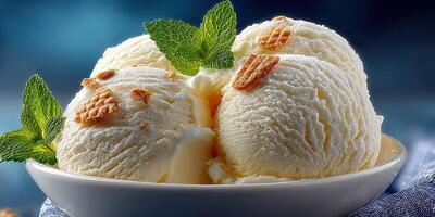 Delicious vanilla ice cream served in a bowl with mint leaves and crunchy wafers for a refreshing dessert experience photo