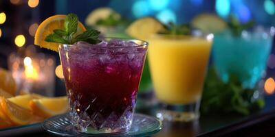 Colorful cocktails with fruit garnishes served at a vibrant bar during a night out photo