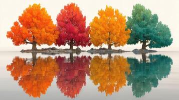 Vibrant autumn trees reflect in tranquil water in a serene landscape at sunset photo