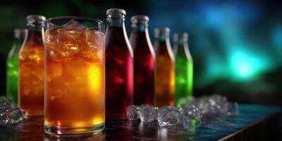 Colorful assortment of drinks with ice on a dimly lit bar counter in the evening photo