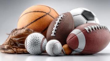Collection of various sports balls and equipment arranged artistically on a neutral background photo
