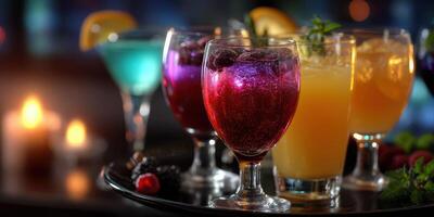 Colorful cocktails on a tray at a vibrant bar during a lively evening gathering photo