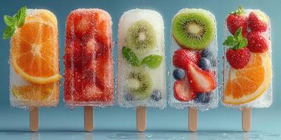 Colorful fruit popsicles filled with fresh ingredients and vibrant textures on a light background photo