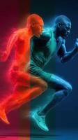 Dynamic athletic movement captured in vibrant colors during a sprinting competition featuring a runner in action photo