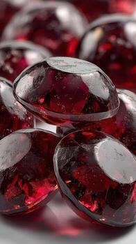 Close-up view of shiny red gemstones arranged closely on a reflective surface under soft lighting photo