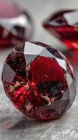 Sparkling red gemstones showcase intricate facets in close-up shot highlighting their brilliance and beauty photo