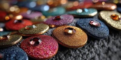 Colorful decorative buttons arranged artistically on a textured fabric surface showcasing a vibrant and creative design photo