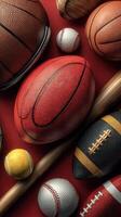 Collection of various sports balls and equipment arranged on a red background showcasing different sports photo