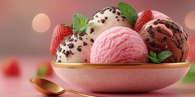 Colorful ice cream sundae with strawberries and chocolate sprinkles on a festive pink background photo