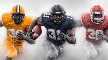 Dynamic players in colorful uniforms competing on the football field during a thrilling game in a dramatic atmosphere photo