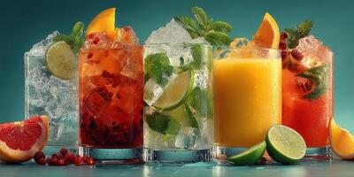 Refreshing fruit cocktails with ice displayed on a vibrant background during a summer gathering photo