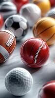 Assortment of sports balls arranged on a surface showcasing various types of popular sports equipment photo