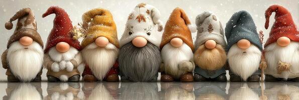 Gnomes gather in festive attire with warm expressions during winter celebration in a cozy, whimsical setting photo