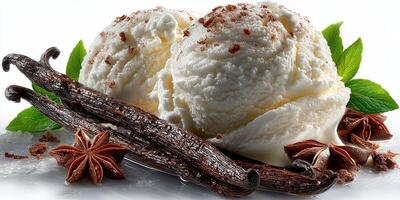 Creamy vanilla ice cream served with fresh mint and spices on a white background photo