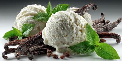 Creamy vanilla ice cream scoops garnished with fresh mint leaves and vanilla pods photo