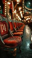 Old ornate chairs in vintage theater waiting for audience at night event photo