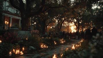 Gathering of people at sunset with candles along a path in a serene outdoor location photo