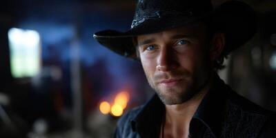 Portrait of a confident cowboy in a rustic setting with warm lighting and intriguing background elements creating a captivating atmosphere photo