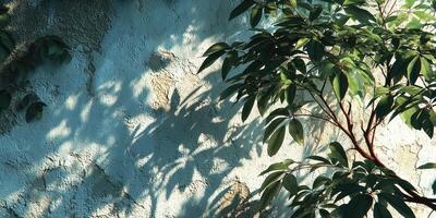 Sunlight casts shadows of green leaves on a textured blue wall in an outdoor setting during a sunny afternoon photo