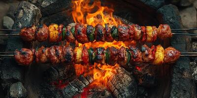 Grilled skewers over an open flame with vibrant colors and intense heat at a summer gathering in a backyard setting photo