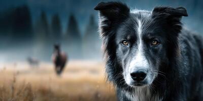Border collie stands alert in a misty field while livestock grazes nearby at sunrise photo
