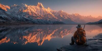 Hiker enjoys sunrise reflections on a tranquil mountain lake in the Himalayas during early morning hours photo
