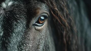 Close-up view of a horse's eye showcasing its striking features and natural beauty in soft lighting photo