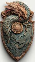 Detailed dragon and bird relief sculpture on a shield showcasing ancient craftsmanship and vibrant colors in a classic design photo