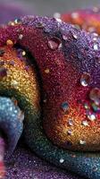 Vibrant glitter fabric with sparkling gems draped elegantly on a surface showcasing a burst of colors photo