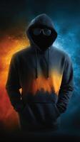 Mysterious figure in a dark hoodie with vibrant color background showcasing creativity and style photo